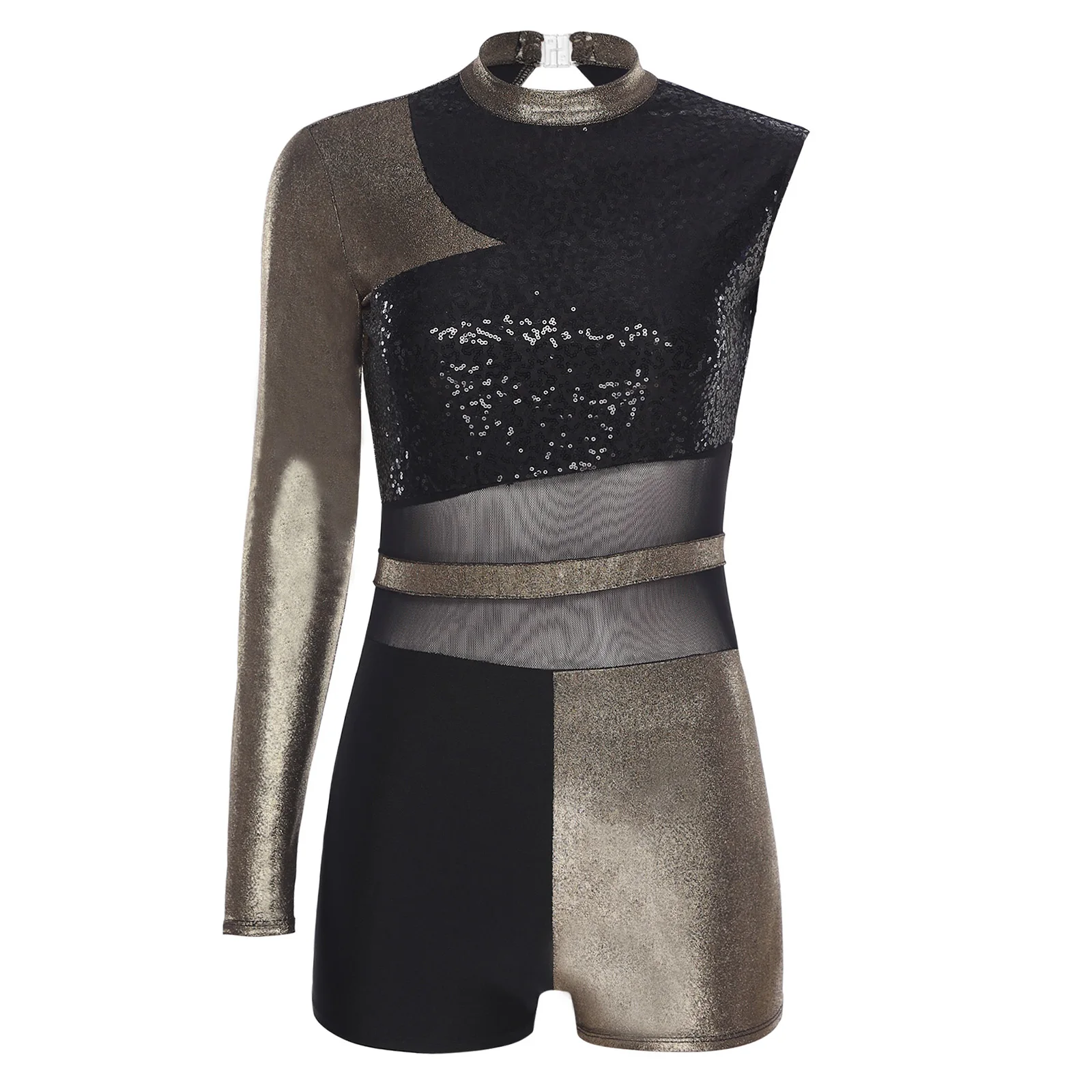 レディースカラーブロックジャズラテンダンス衣装スパンコールメッシュパッチワークシングルスリーブレオタード社交ダンスパフォーマンス衣装