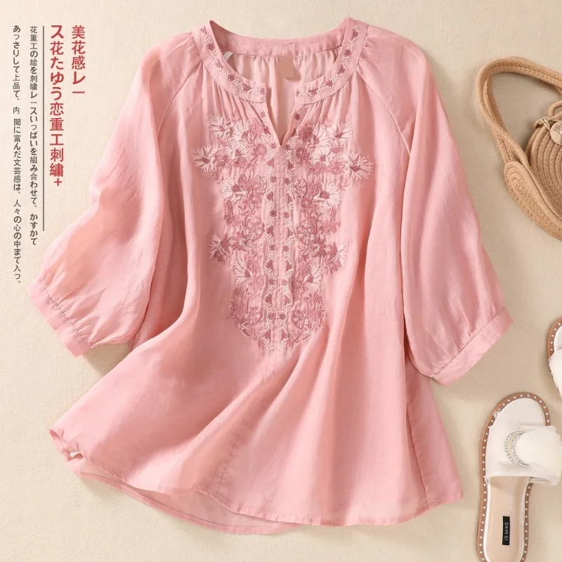 Cotton Linen Chinese Style Women\'s Shirt Summer Embroidery Vintage Blouses Loose Women Tops O-neck Clothing 2024 Korean