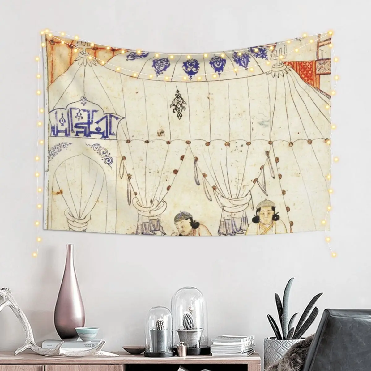 

14th Century Mongol Prince Studying Koran Watercolor Painting Tapestry Living Room Decoration Decoration Room Tapestry