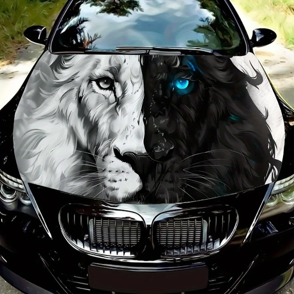 

Double Lion Shine Hood Sticker - Black & White Lion Creative Combination, Waterproof and Scratch Resistant Vinyl, Auto/Motorcycl
