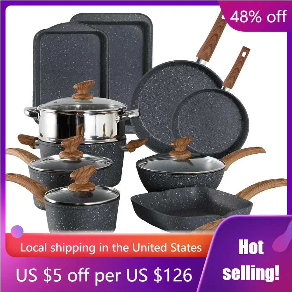 

Cooking Utensil Set, 17 Piece Non Stick Pot Set, Suitable for All Major Types of Stoves, Black Granite Pot Set