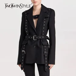 TWOTWINSTYLE Spliced Belt Blazers For Women Notched Collar Long Sleeve Chic Style Minimalist Autumn Blazer Female Fashion 2023