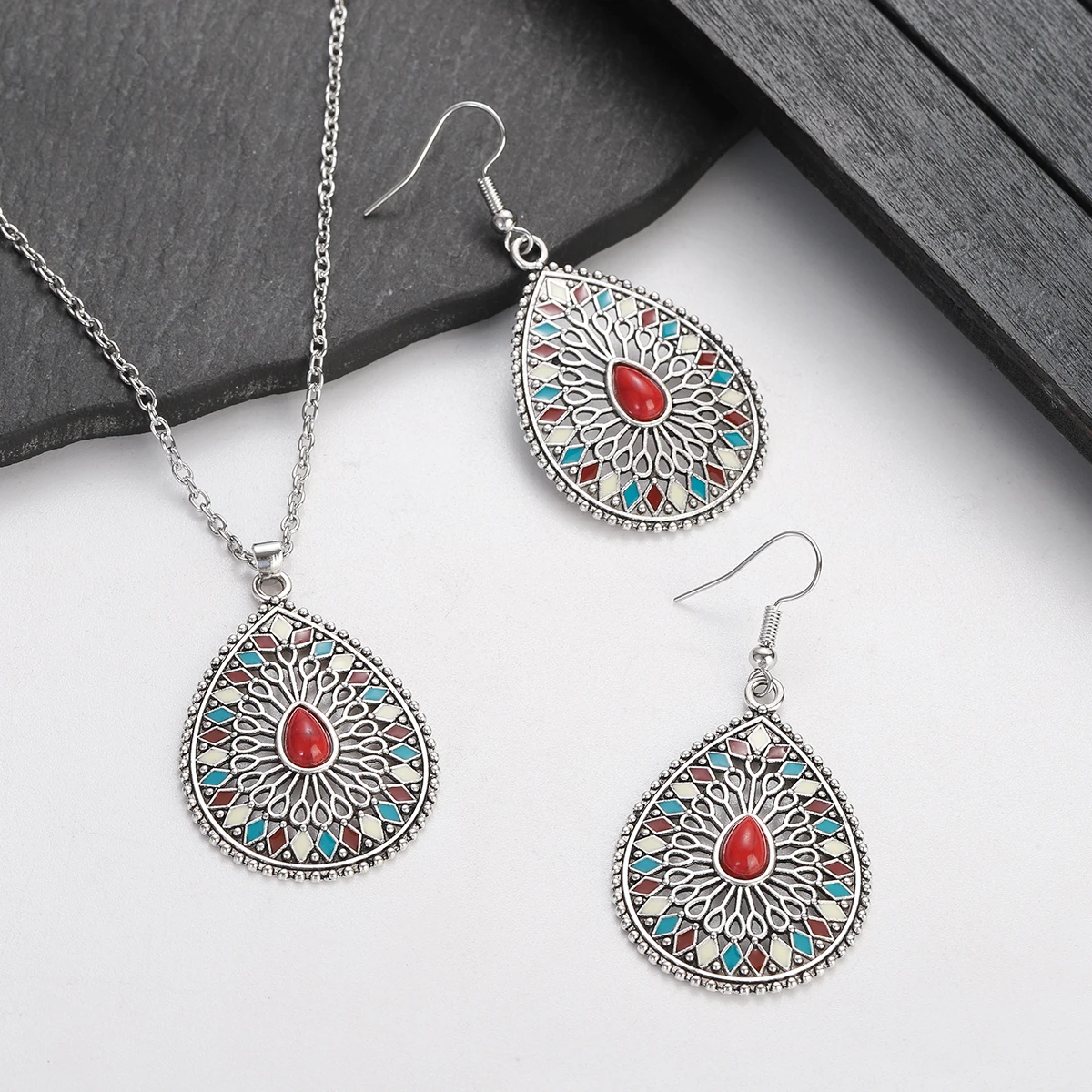 Boho Hollow Geometric Water Drop Jewelry Set for Women Colorful Beads Flower Earring/Necklace Sets Vintage Wedding Party Jewelry