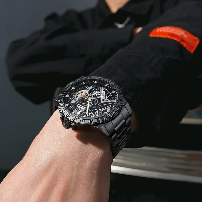 Nuevos Relojes mecánicos Tourbillon esqueleto para Hombre, correa de acero inoxidable a la moda, reloj deportivo automático hueco, Relojes para Hombre
