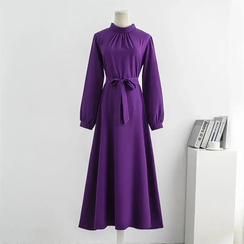 Spring Autumn Long Dresses Fashion Female Vintage Full Sleeve Solid A-line Casual Chiffon Dress Women Maxi Dresses Muslim Dress