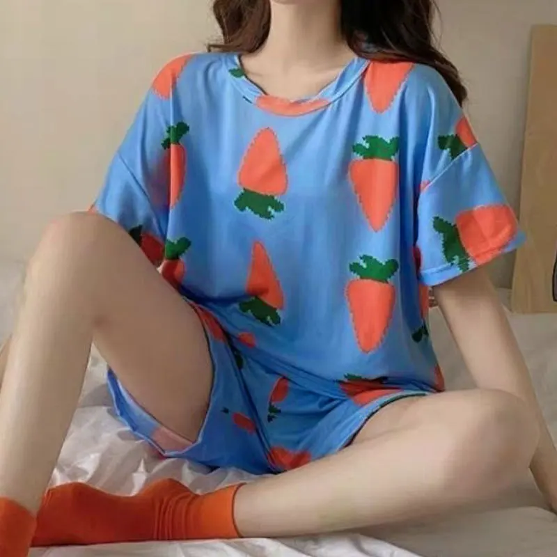 

Student Women's Sleepwear Short Sleeve Shorts Home Clothes Anti-Aging Set Polyester Fiber round Neck Home Scence