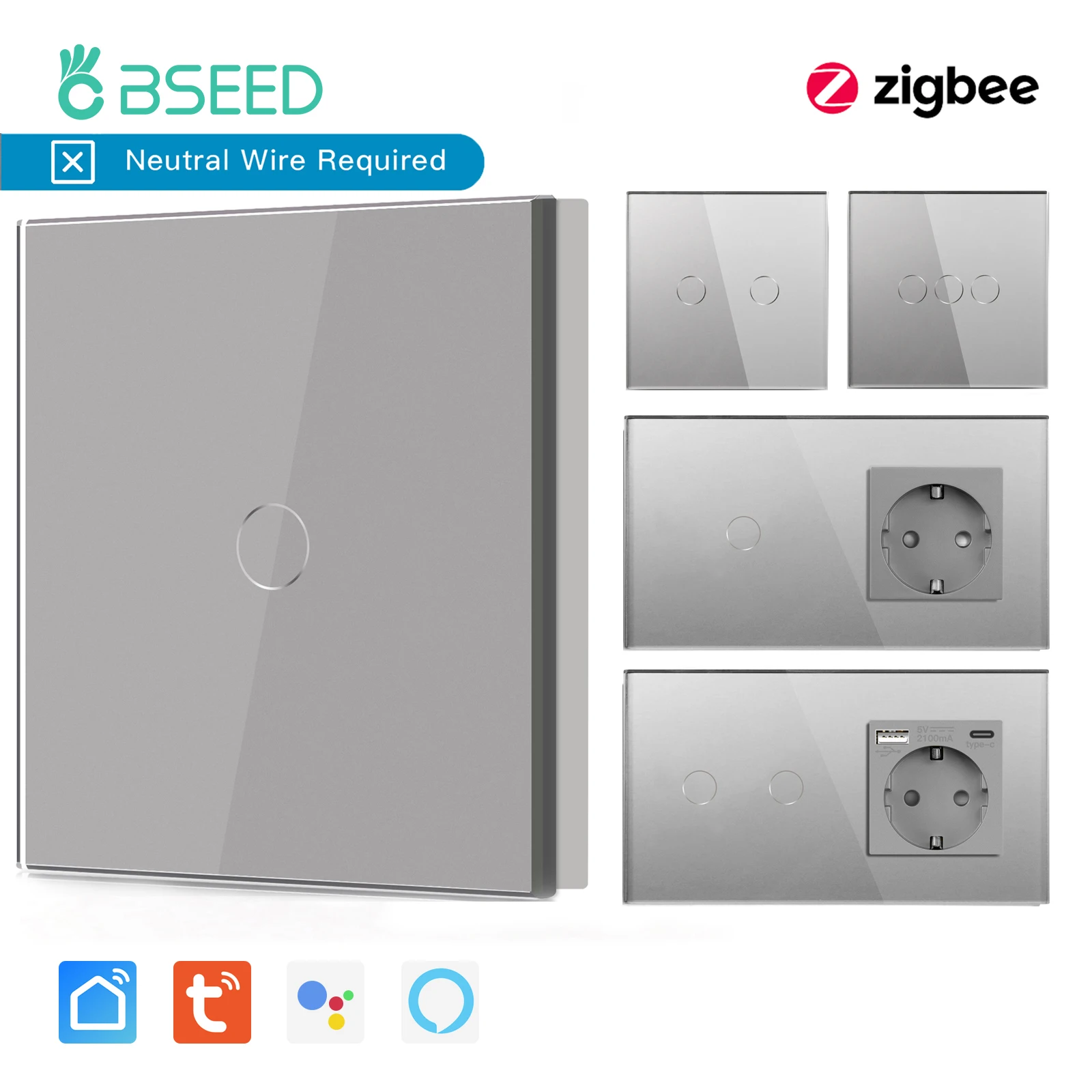 BSEED 1/2/3Gang Zigbee Light Switch Wall Touch Switch Normal Socket USB Type-C Charge Port Tuya Smart Life Google Home Control