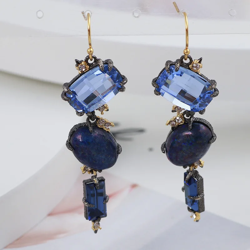

European & American Creative Designer Style Gun Black Blue Cyan Gold Zircon Long Earrings for Women, Hook Earrings, Jewelry Gift