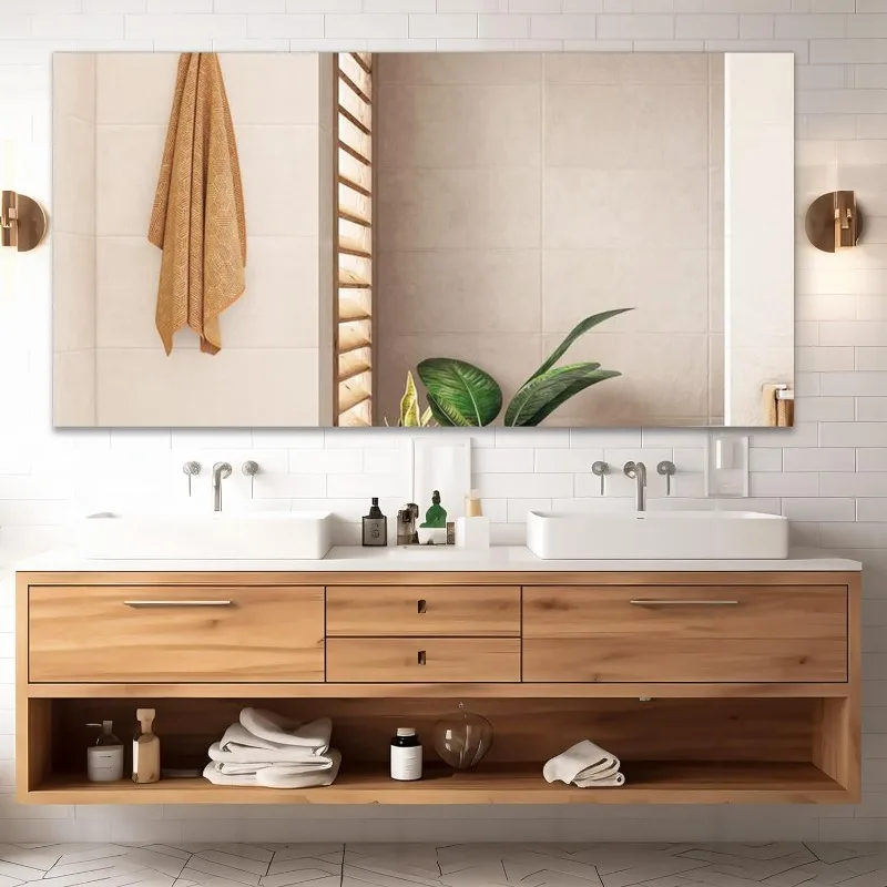 Modern Rectangle Bathroom Mirror with  Polished Edge, Hangs Horizontally or Vertically. Upgraded Shatterproof Bathroom Mirrors