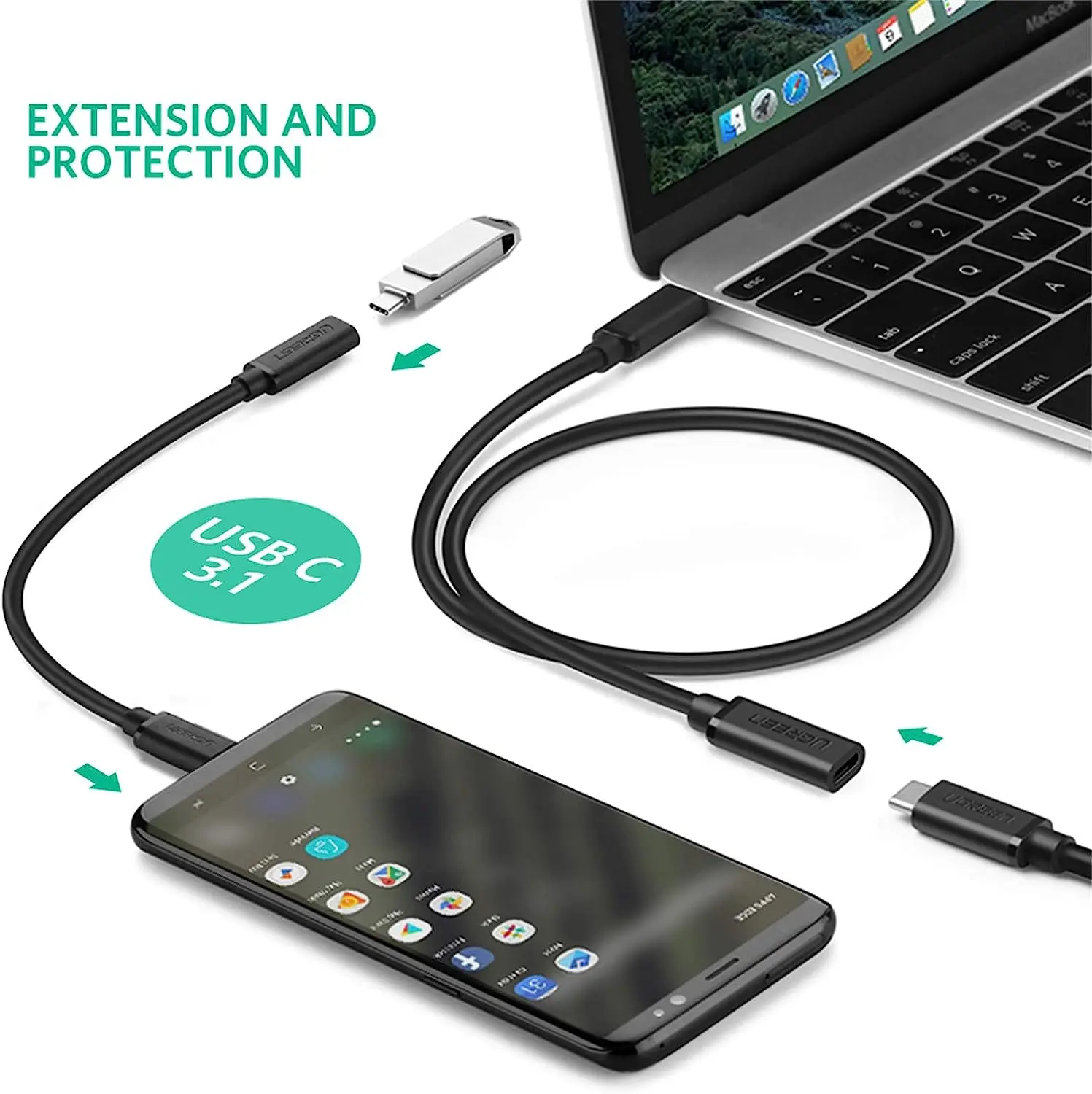 UGREEN USB 3.2 GEN2 Type C câble d'extension 10Gbps Transmission de données haute vitesse Type C mâle à femelle 100W câble de charge rapide