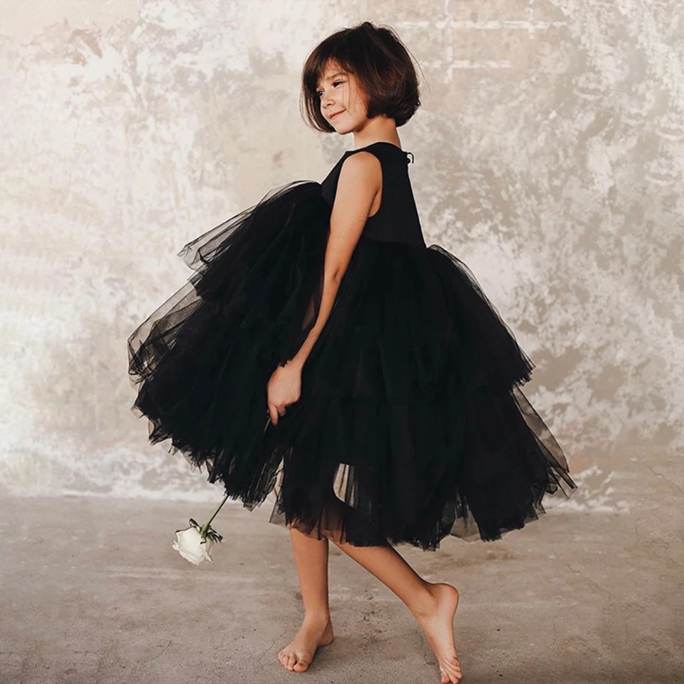 A-Line Simple Flower Girl Dresses 2025 Summer Kids Birthday Party For Wedding Black Sleeveless Princess Vestidos Para Niñas