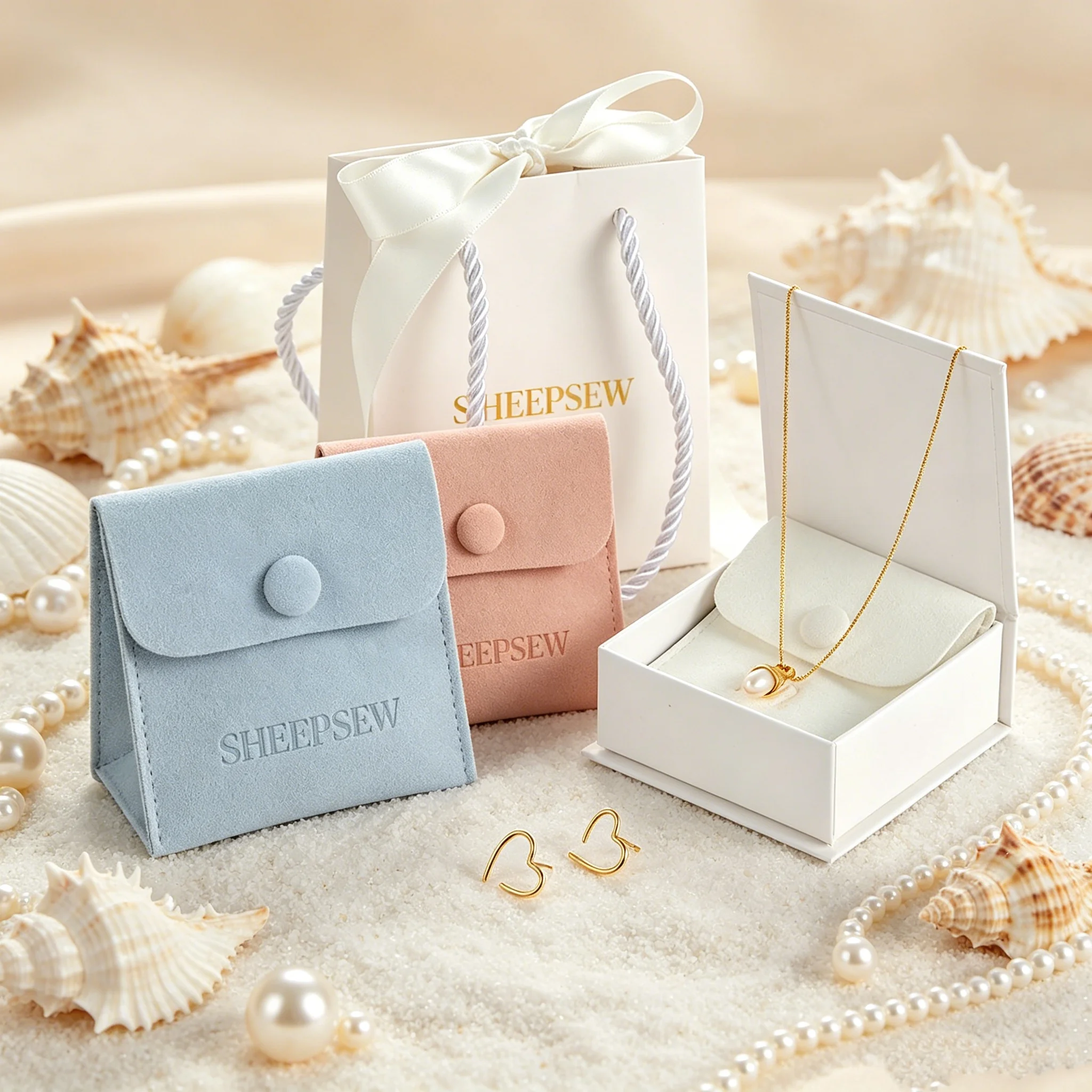 SheepSew Luxury Flip Top Magnetic Closure Jewelry Box Custom Logo With Microfiber Jewelry Pouch Fine Jewelry Gift Packaging Set