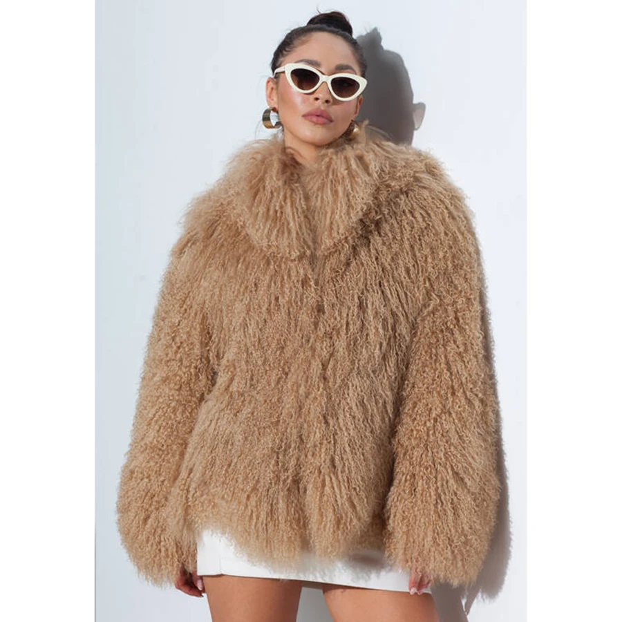 Genuine Mongolian Fur Coats Natural Sheep Fur Coat With Turndown Collar Brown Real Fur Jackets Winter Coats For Women