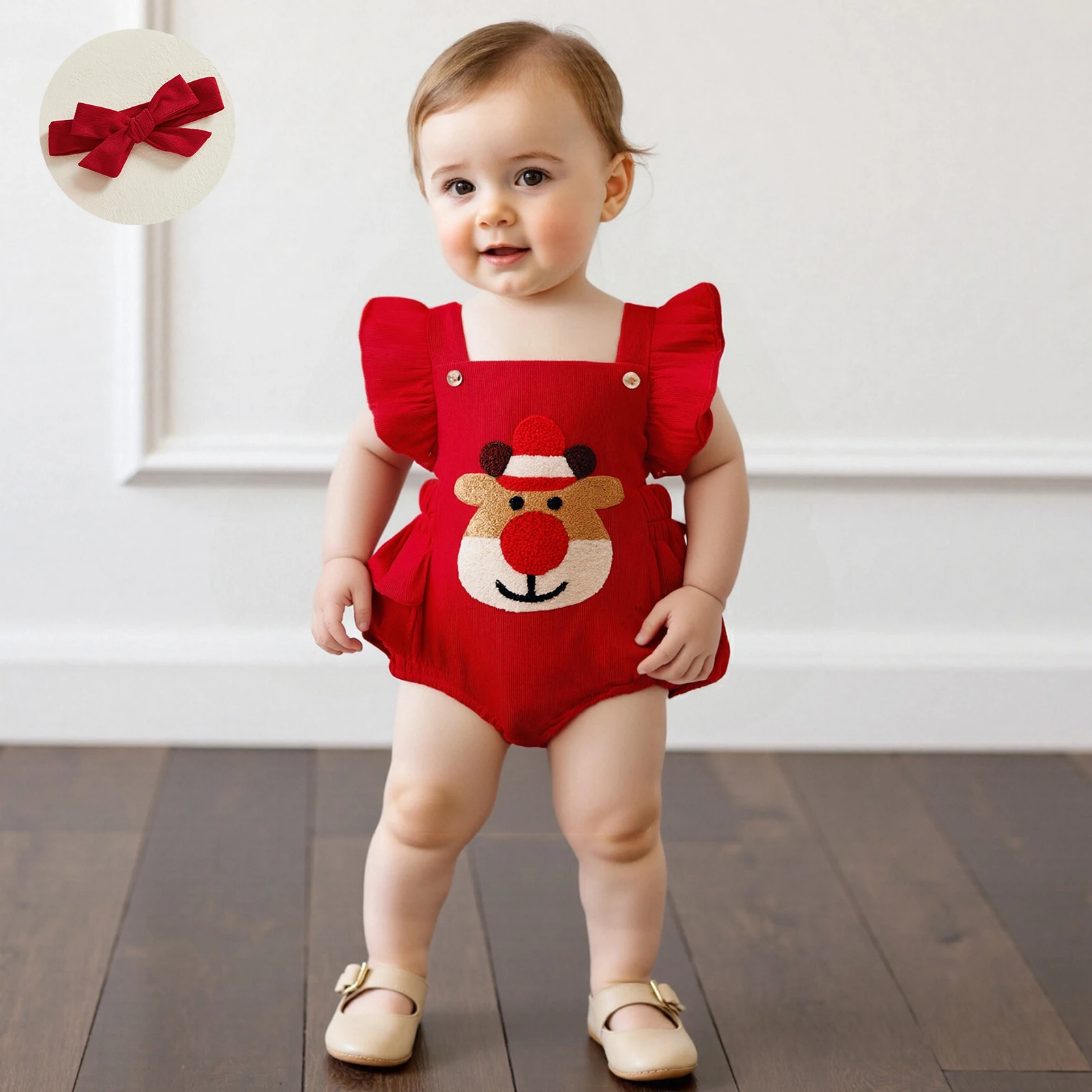 

Infant Baby Girl Jumpsuit Outfit Fly Sleeve Embroidery Elk Romper with Hairband Fall Christmas Clothes