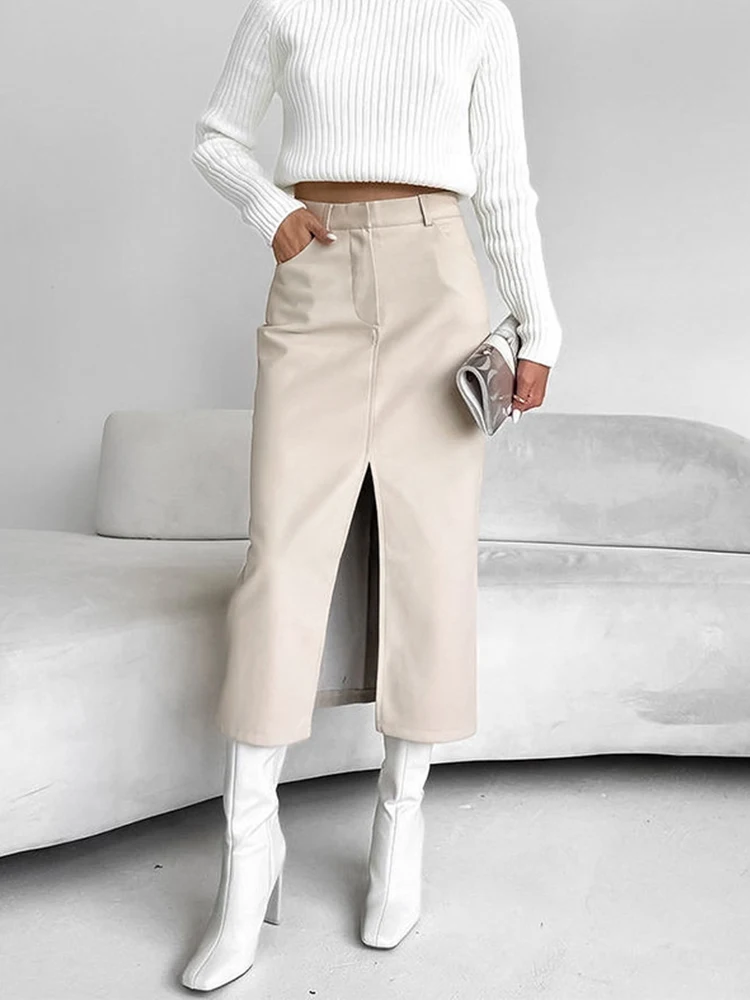 

Mueyaruho 2023 Autumn Winter Women Sexy Midi Leather Skirts Solid Khaki High Waist Office Pencil Slit Skirt For Women