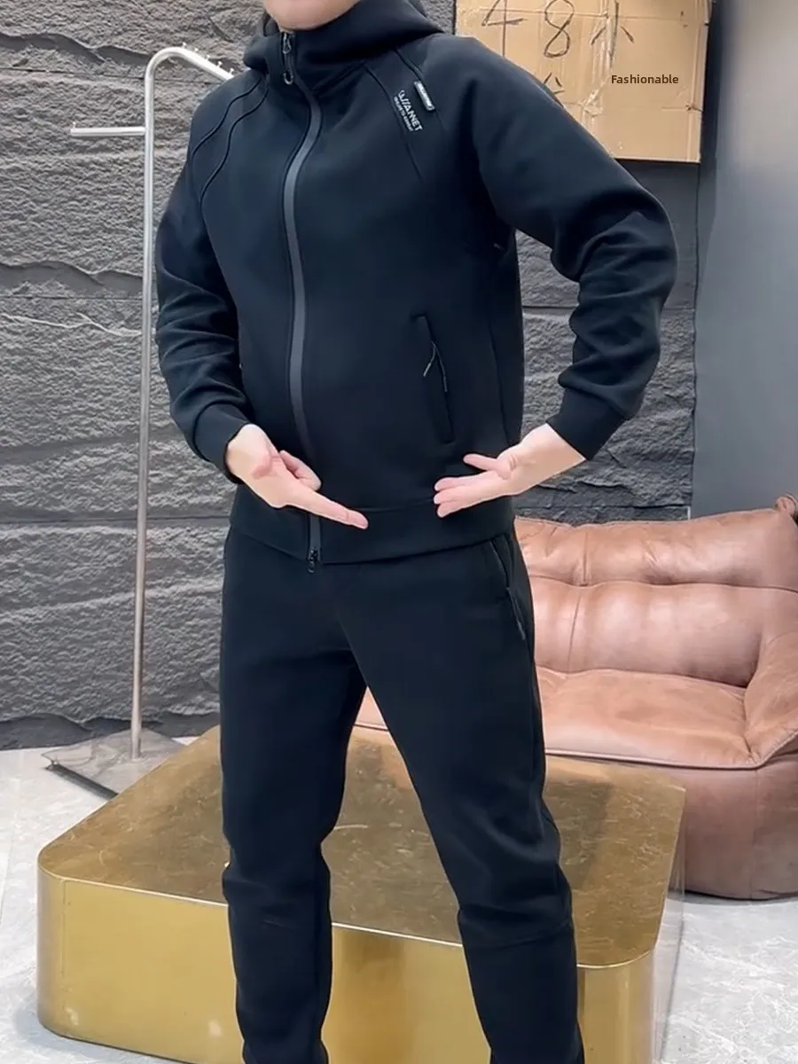 

Faionable Color Men's Set Casual Long Sve Hoodie Zipper Sweatpants Two-Piece Set Autumn New Arrival Youth Sle