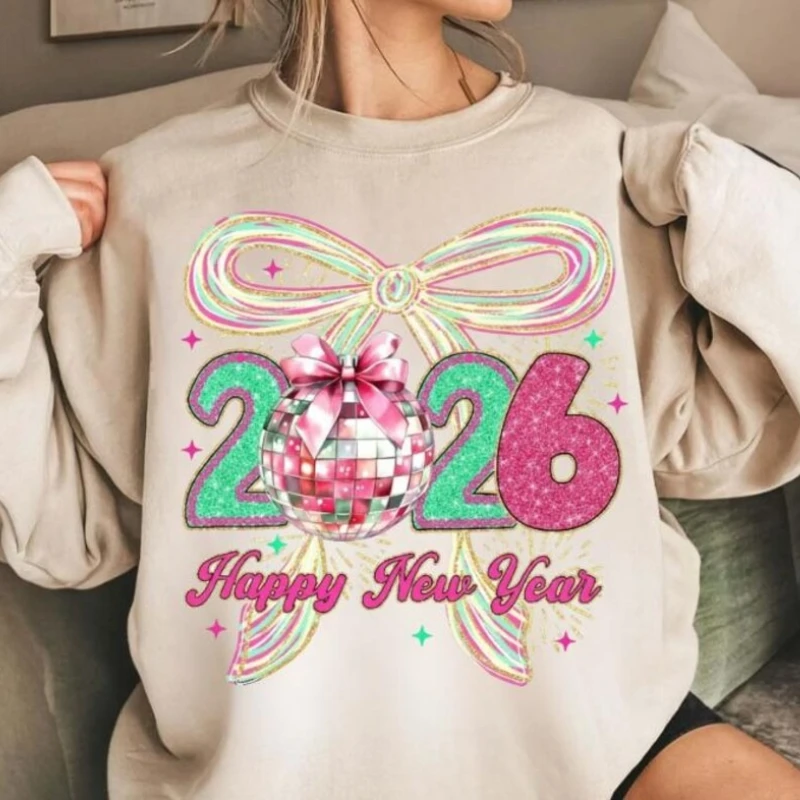 Coquette سعيد بريق الفصل الجديد Brushstroke السنة الجديدة ديسكو الكرة البلوز مرسومة باليد مرحبا 2026 الحرارية هوديي البلوز #2