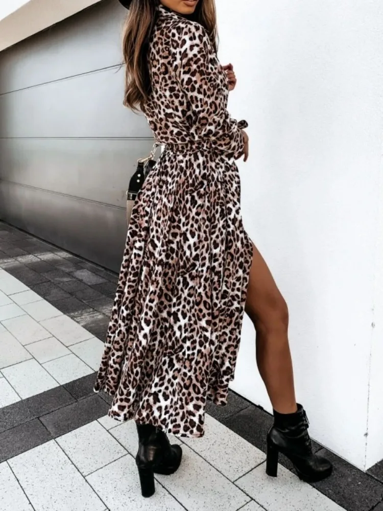 Yeezzi Frauen Sexy Mode Leopard Revers Hemd Kleid Lange Ärmel Mit Knöpfen Split-seite Streetwear Casual A-Line Midi Kleider 2025