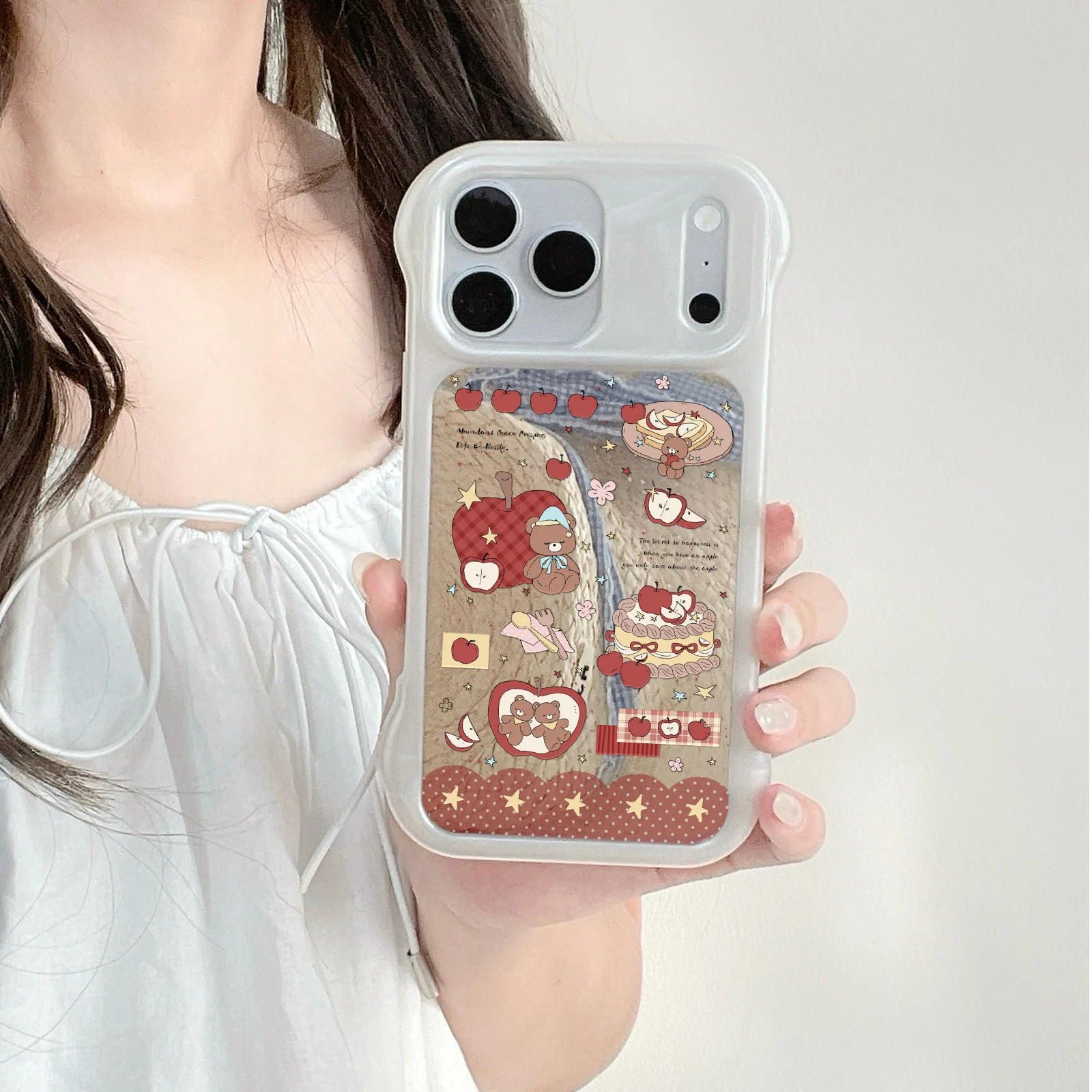 Cute Apple Bear Cake Scrapbook Mirror Phone Case White Wavy Frame Soft TPU Shockproof Shell For iPhone 13-17 Pro Max