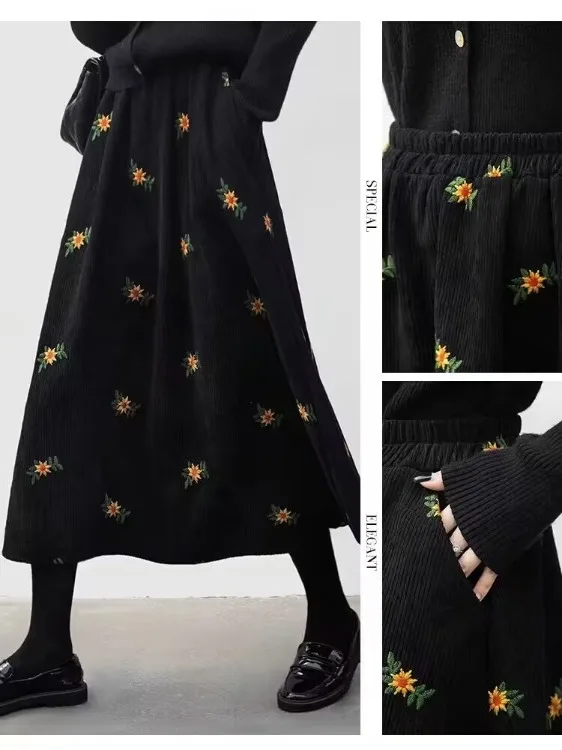 Lente 2026 Bloemenborduurwerk Corduroy A-lijn Midi Rok Plus Size Dames Elastische Taille Lange Afslankende Veelzijdige Rokken