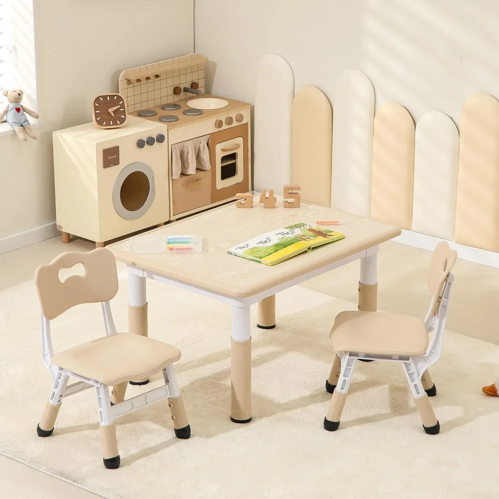 Kids Table and 2 Chairs Set, Height Adjustable Toddler Table and Chairs, Graffiti Desktop Kids Study Table