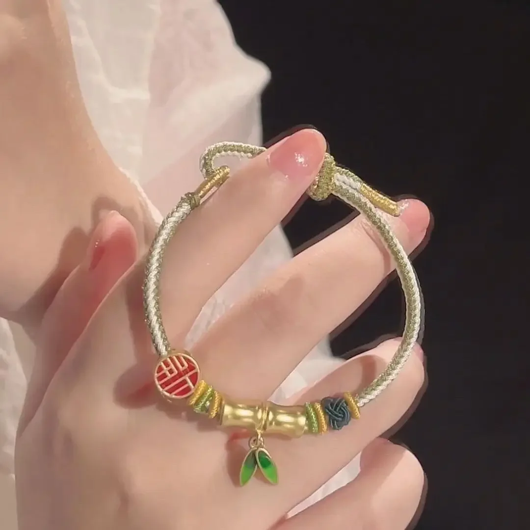 Ancient Slub Bracelet Women's Real 24K Golden Good Lucky Beads Charms Benmingnian Red Rope High Rise Bend Tube Braided HandRope