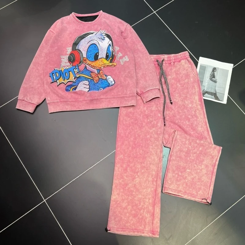 

Heavy Industry Cartoon Loose Casual Sweatshirt And Sweatpants 2-piece Sets Women's Autumn New Hoodies Pullover Casual Pants Suit