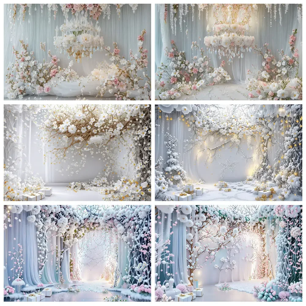 

MOON.QG White Flower Blossom Drapes Photography Background Draping Fabric Curtains Chandelier Backdrop Girl Birthday Decorations