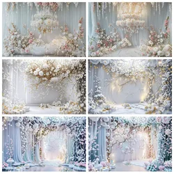 MOON.QG White Flower Blossom Drapes Photography Background Draping Fabric Curtains Chandelier Backdrop Girl Birthday Decorations