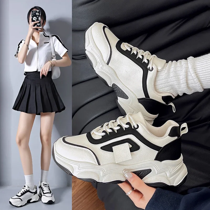 

Pop Korean Breathable Platform Sport Shoes Women 2025 Spring Lace Up Chunky Sneakers Woman Comfortable Non Slip Walking Shoes Mu
