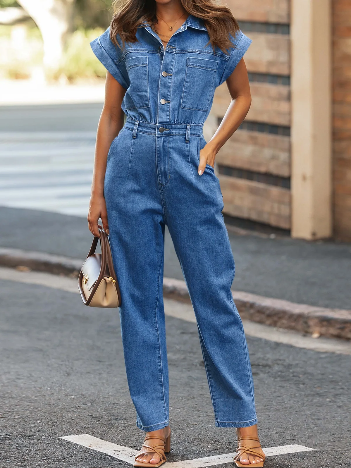 Jumpsuit Denim wanita, jumpsuit Denim wanita, topi kancing depan, Romper celana panjang lurus dengan saku