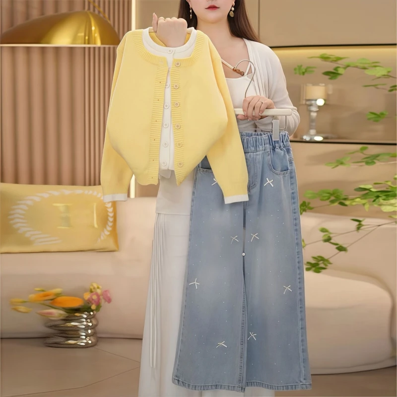 Girls' Mock Two-Piece Knitwear, Autumn Cardigan with Round Neck Sweater, Cozy Wear for 2025 Spring and Autumn, Suitable for Ages