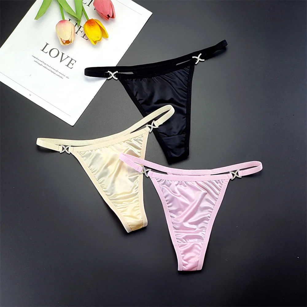 3 pezzi sexy perizoma in raso per donna biancheria intima perizoma a vita bassa in seta liscia cintura sottile con fiocco in strass taglie forti
