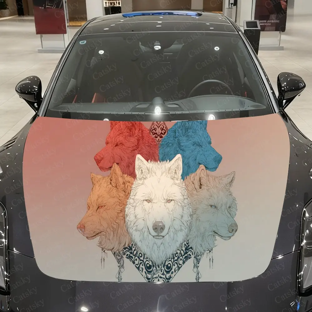 

Таинственные волчьи головы с принтом наклейки на капот автомобиля, водонепроницаемые самоклеящиеся виниловые графические наклейки, декоративные наклейки для автоаксессуаров