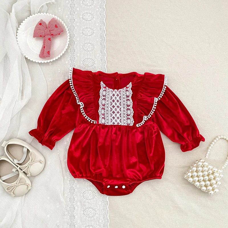 2026 New 0-24M Christmas Toddler Baby Girl Red Romper Spring Long Sleeved Baby Girl Jumpsuit Children Onesie Full Moon Clothes