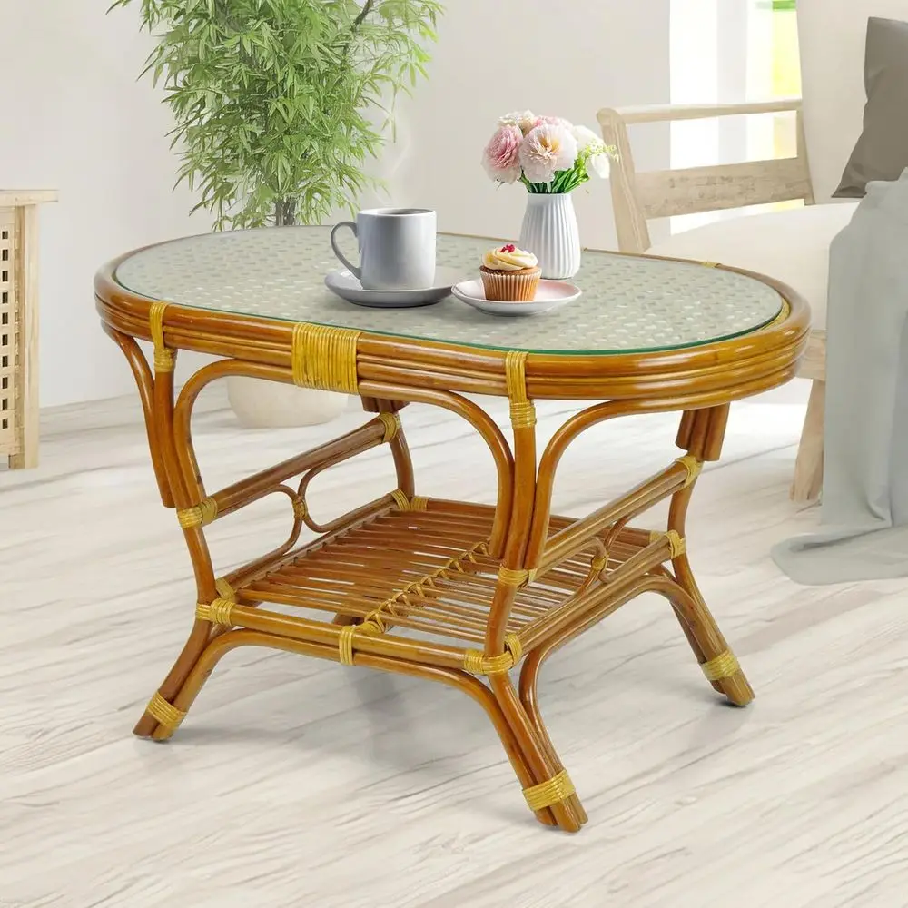 

Eco-Friendly Handcrafted Rattan Oval Glass Top Colonial Pelangi Coffee Table