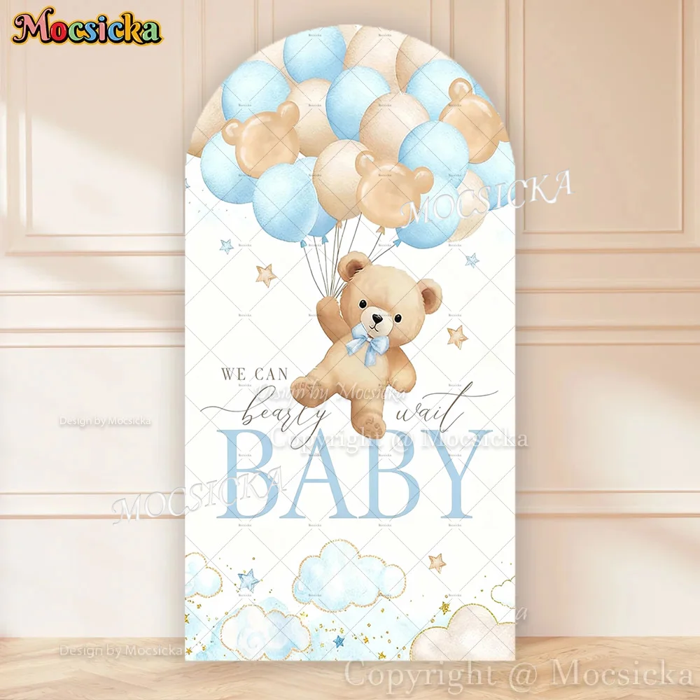 

Mocsicka Bear Baby Show Arch Cover Background We Can Bearly Wait Blue Balloon Cloud Backdrop Newborn Birthday Party Photo Studio