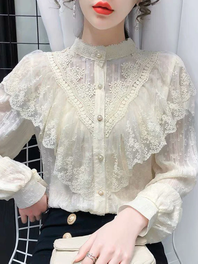 Elegant French Blouse Women Temperament Sweet Ruffles Loose Casual Tops Spring Long Sleeve Streetwear Apricot Shirts