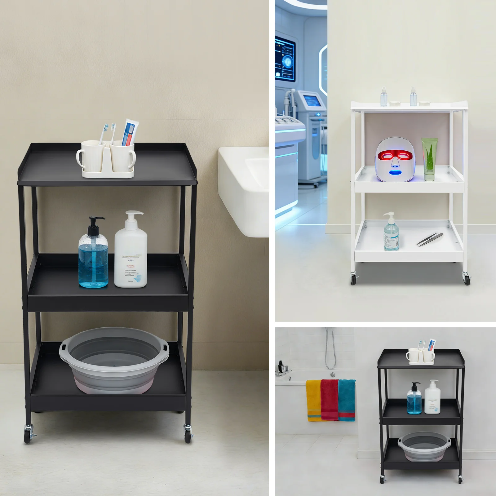 

3-Tiers Multifunctional Utility Cart Portable Organizer Black/White for Home/Office Use