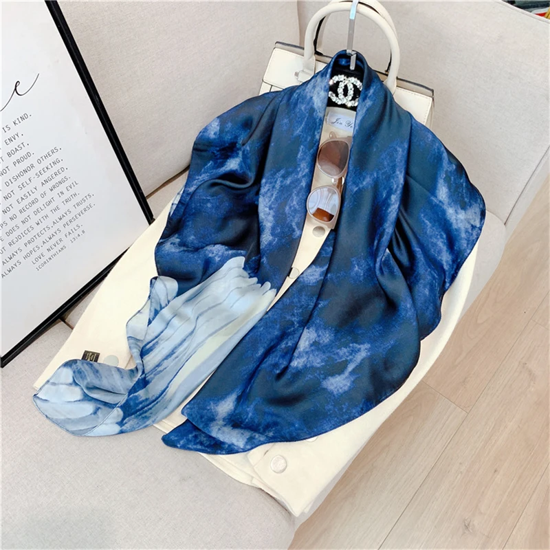 New products 2022 Cool Ocean Blue Printed Silk Scarf Women\'s Tourism Holiday Beach Towel Sunscreen Large Size Square