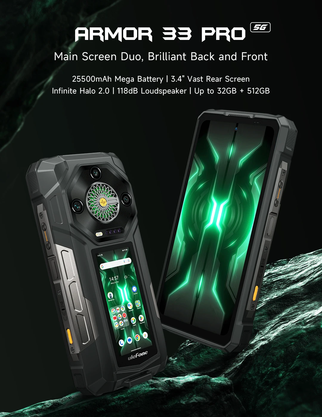 Ulefone Armor 33 Pro 5G Rugged Phone Smartphone Android 14 32GB+512GB 25500mAh Night Camera 64MP NFC Loud Speaker