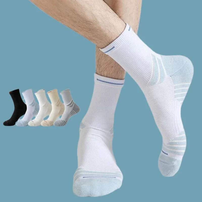 Calcetines informales de tubo medio transpirables para hombre, medias gruesas absorbentes del sudor, con fondo de toalla, para deportes de baloncesto, 2/4 pares