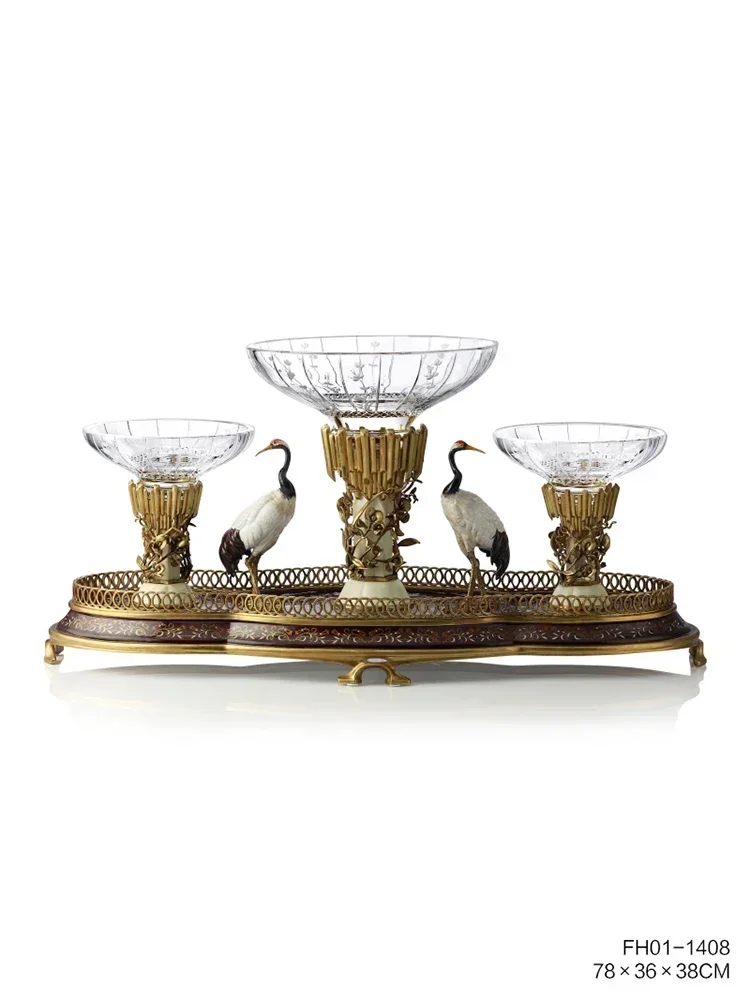 Hot SalesLuxury Art Crystal Set Copper Fruit Plate, Living Room Desktop, Exquisite Crane Snack Plate Jewelry