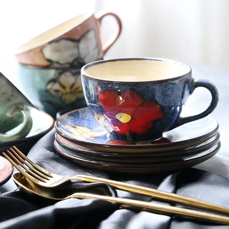 

Japanese Style Creative Coffee Tea Cup Set with Saucer Ceramic Afternoon Tea Juice Mug