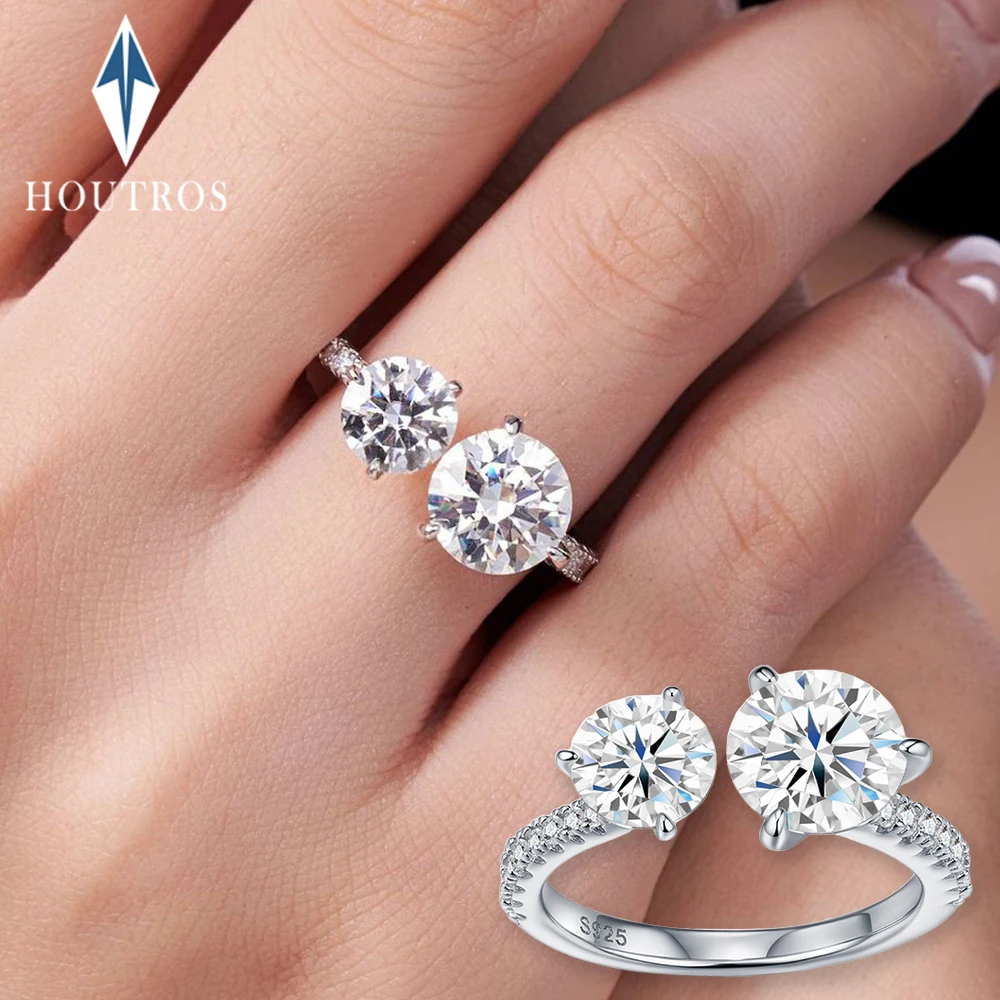 

6.5mm 8mm Double Round Brilliant Cut Moissanite Ring for Women 925 Sterling Silver Open Ring Wedding Engagement Bands Jewelry