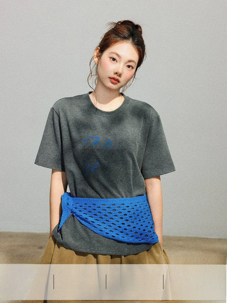 

ey Brued Color Blo Letter ort Sve T-irt Women's Knitted Autumn round Ne Casual Loose Fit Breathable Cotton Top