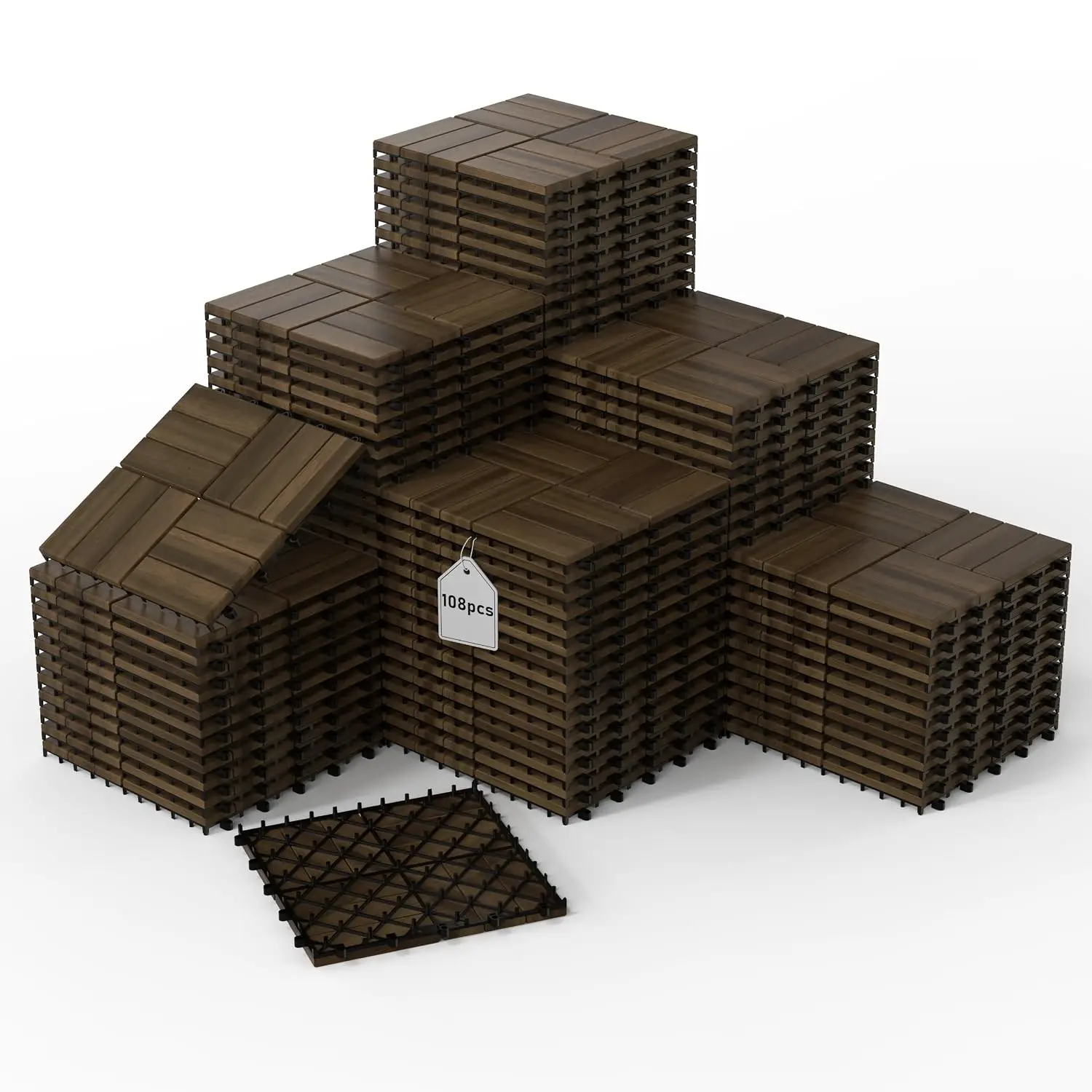 Solid Acacia Wood Interlocking Deck Tiles Snap Together Floor, 12