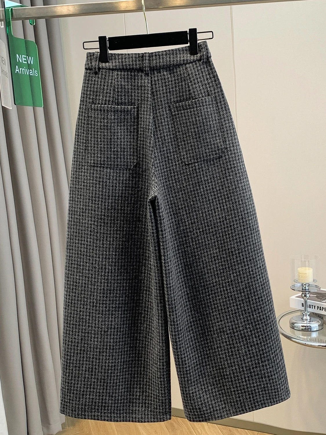 Damskie spodnie plus size w stylu retro z wysokim stanem, prostymi nogawkami, wełniane, ocieplane, zimowe, uniwersalne, wyszczuplające, długość 7/8.