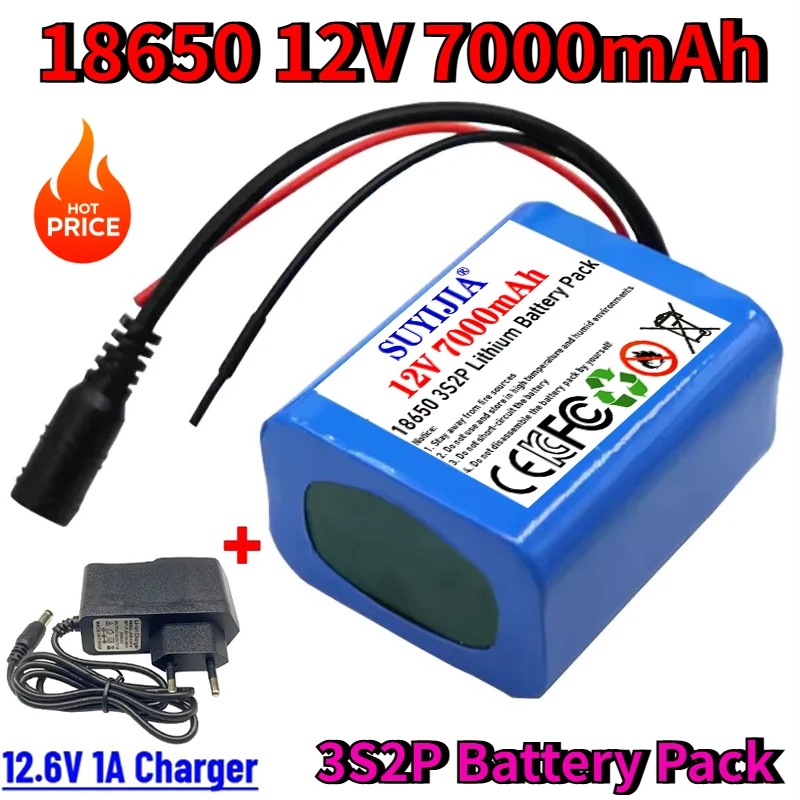 3S2P 12V 7000mah Battery 18650 Li-ion 7Ah Rechargeable Batteries with BMS Lithium Battery Packs Protection Board +12.6V Charger