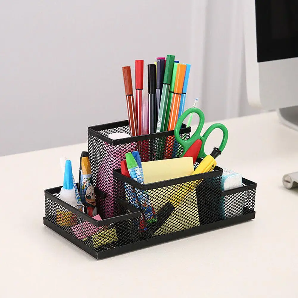 Mesh Desk Organizer Desktop Pen Holder 4 Compartments Metal Stationary Organizer Desk Caddy For Office Home